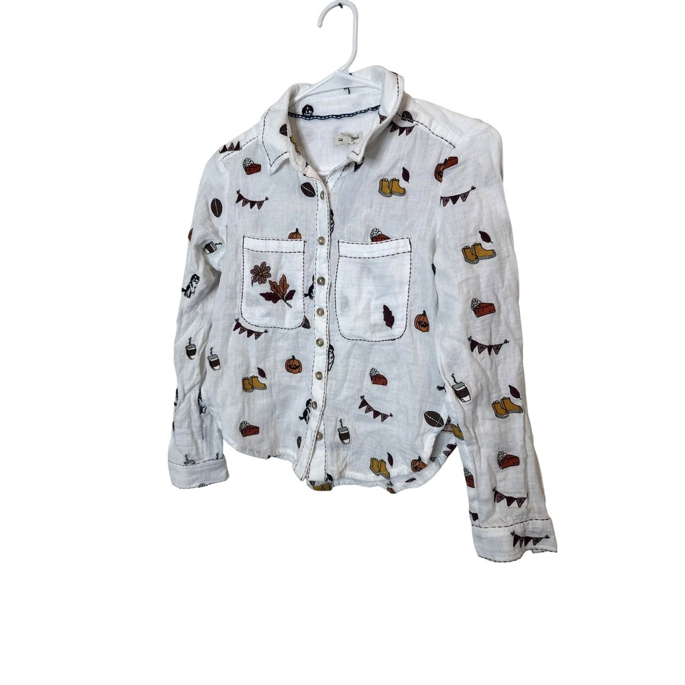 Pilcro Button Up Shirt Womens XXSP Petite White Thanksgiving Embroidered Top